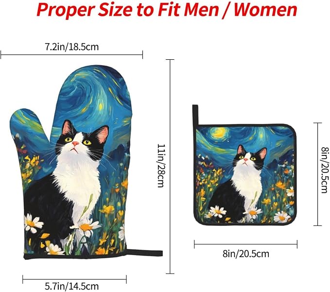Funny Black Cat Oven Mitts and Hot Pads Set of 3, Abstract Cute Kitchen Mitts - Image 4