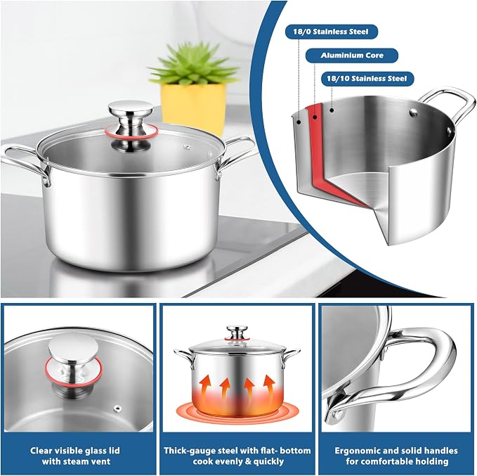 E-far 6 Quart Stock Pot, Tri-Ply Stainless Steel Cooking Pot - Image 3