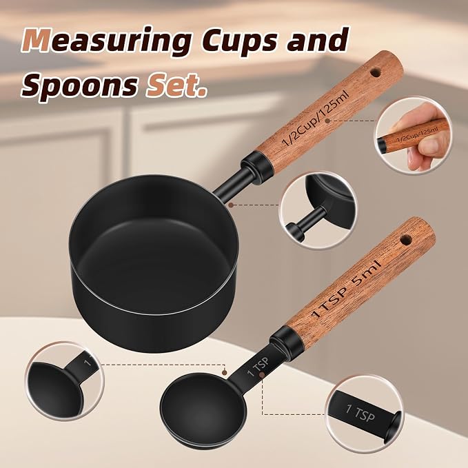 Stainless Steel Measuring Cups and Spoons Set of 8, Stackable Wooden Handle - Image 4