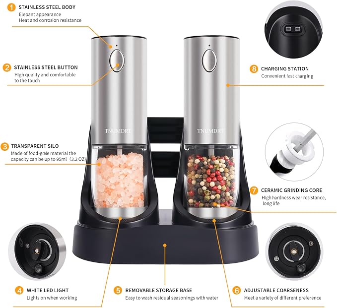 Stainless steel Electric Salt and Pepper Grinder Set, Large Capacity Automatic - Image 5