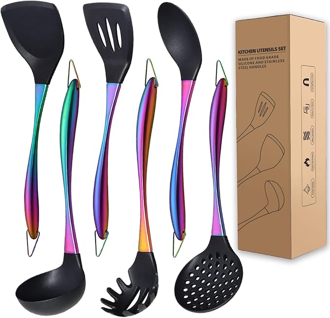 Kitchen Utensils Set, Large Non-stick Silicone Cooking Utensils Set 6 Pcs by QRU