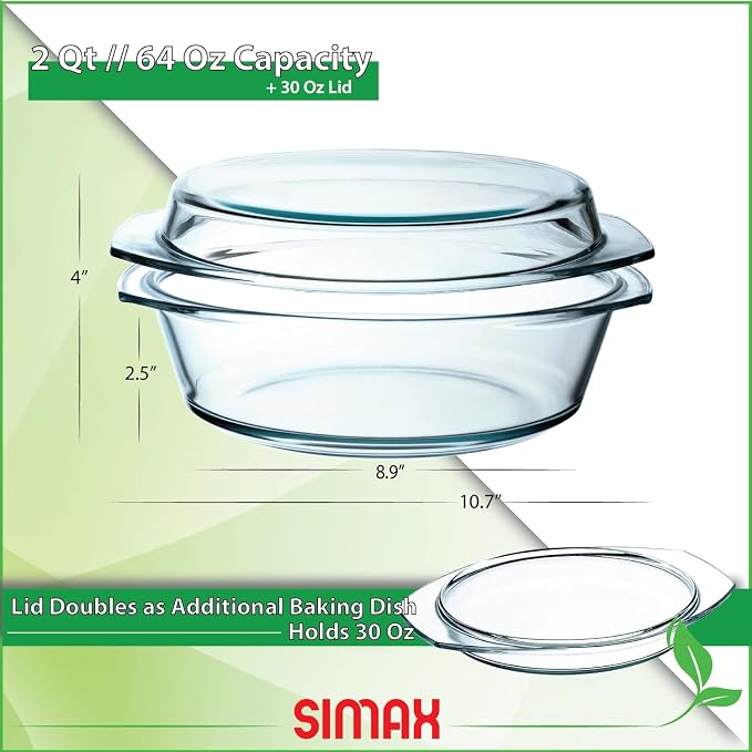 Simax Casserole Dish with Lid, 2 Quart Round Glass Casserole Dishes - Image 2