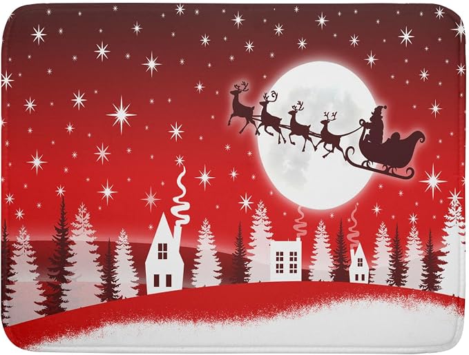 Christmas Reindeer Moon Star Red Dish Drying Mat by Anyako