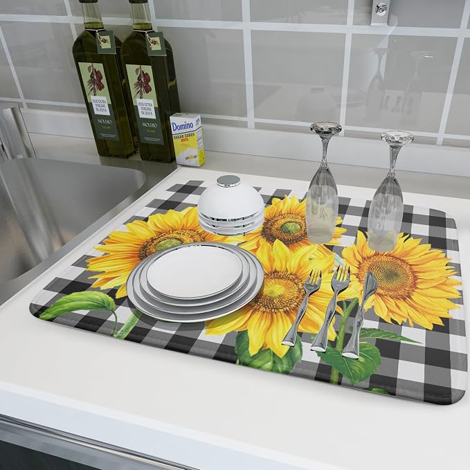 Sunflower Dish Drying Mat for Kitchen Counter Black White Buffalo Plaid - Image 6