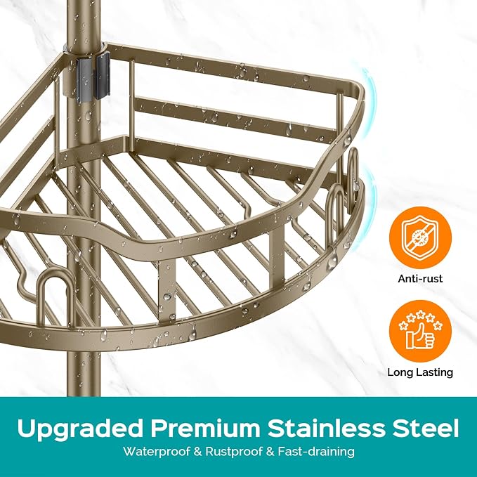 HAMITOR Corner Shower Caddy Tension Pole: Rustproof 4-Tier Bathroom Organizer - Image 5