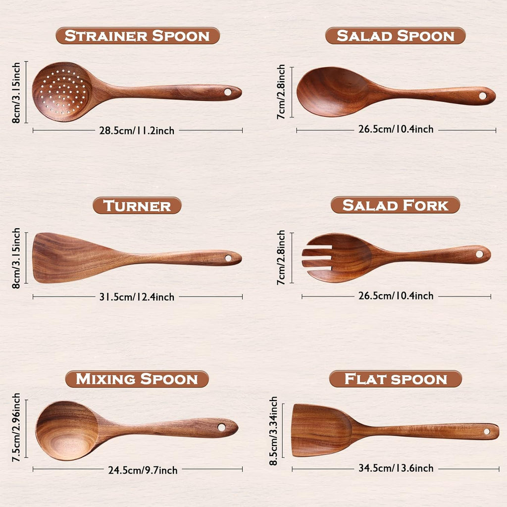 6-Piece Teak Wood Cooking Utensil Set, Wooden Spoons for Cooking
