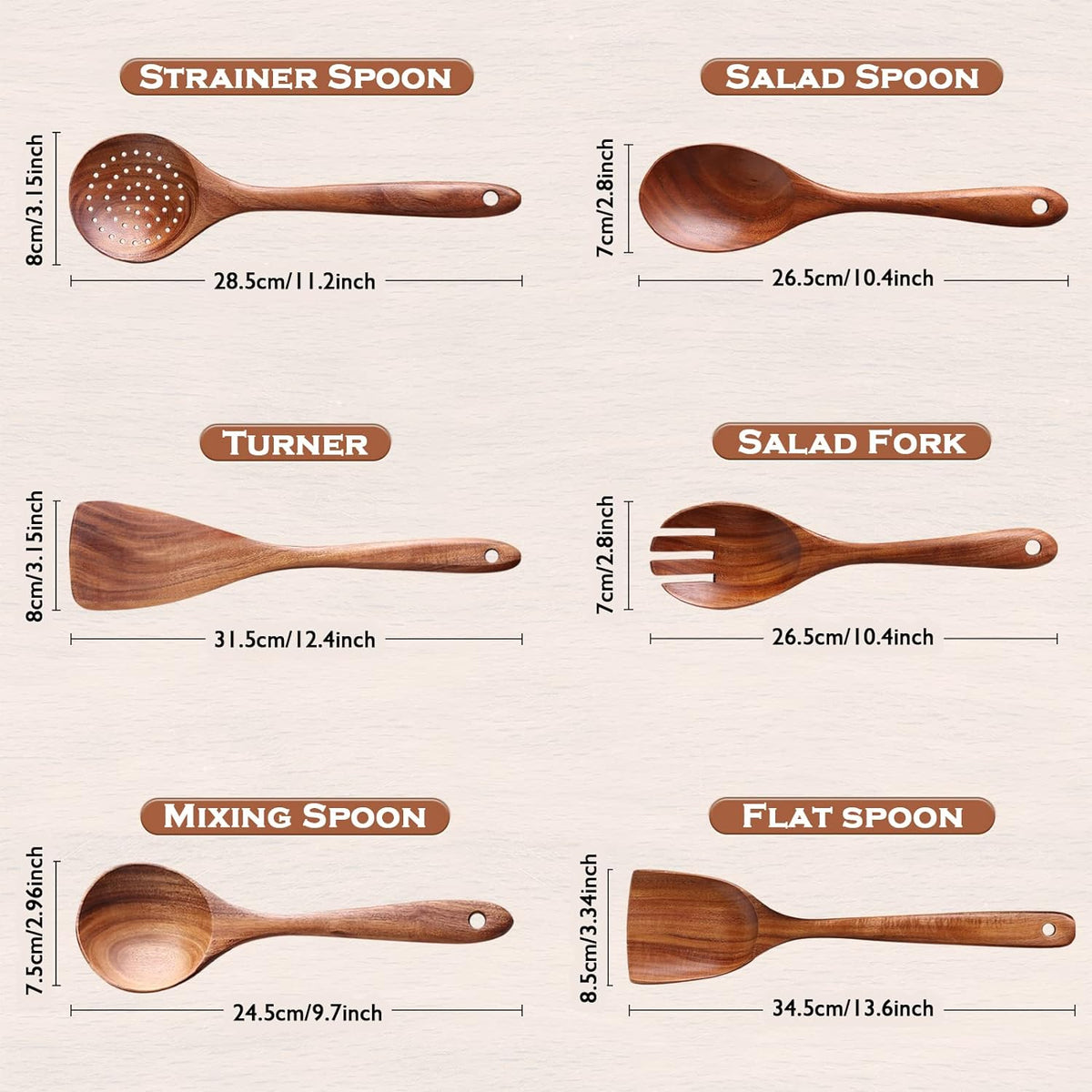 6-Piece Teak Wood Cooking Utensil Set, Wooden Spoons for Cooking