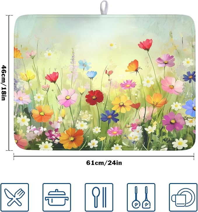 Spring Summer Daisy Dish Drying Mat 18 x 24 Inch Colourful Floral Pattern Dish - Image 2