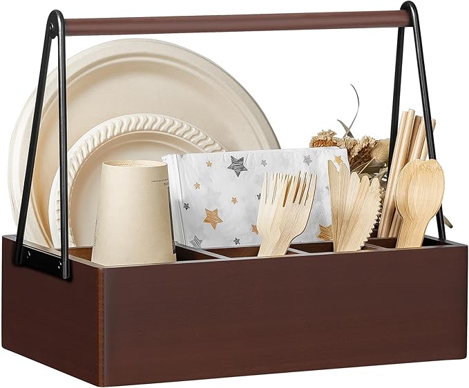 PTSTING Silverware Caddy with Handle Acacia Wood Utensil Holder Paper Plate by PTSTING