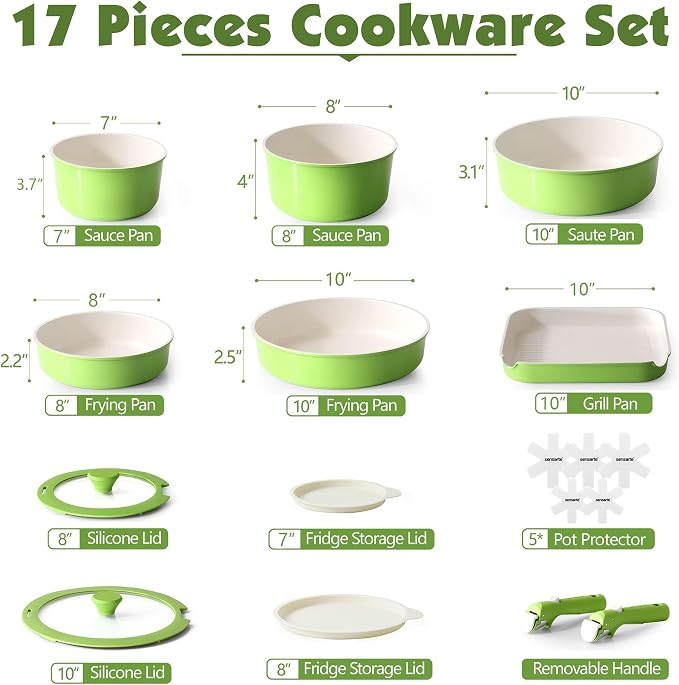 SENSARTE 17 Piece Ceramic Pots and Pans Set, Nonstick Detachable Handle Cookware - Image 2