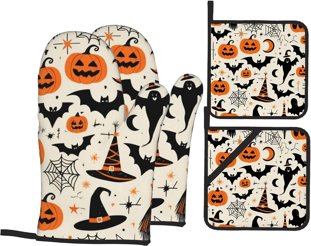 Halloween Pumpkin Bat Pattern Oven Gloves and Hot Pads Set - Heatproof