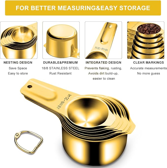 Gold Measuring Cups and Spoons Set of 15, 18/8 Stainless Steel, Includes 7 - Image 5