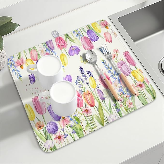 Spring Floral Dish Drying Mat for Kitchen Counter Easter Tulip Lavender Flower - Image 8
