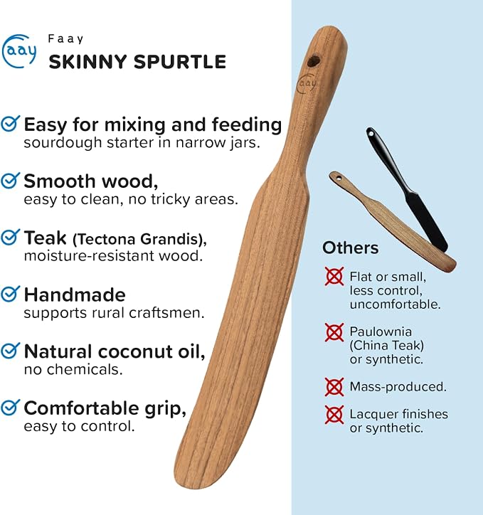 FAAY Handmade Teak Spurtle for Sourdough Starter – Wooden Stirring Stick & - Image 6