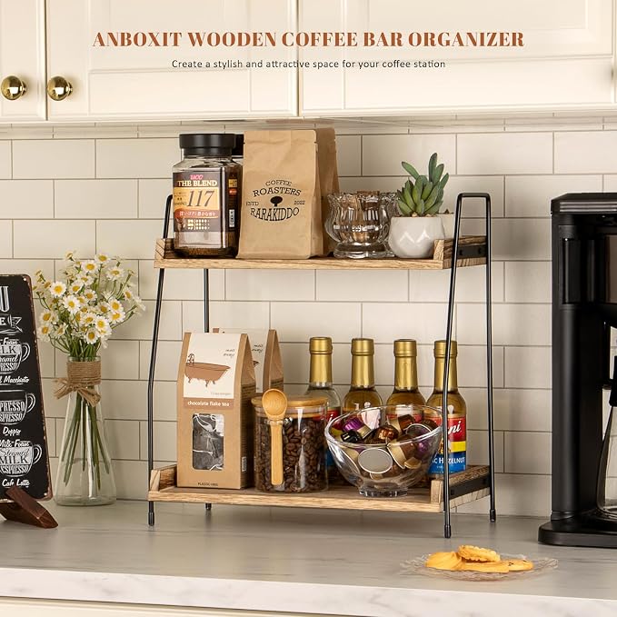 ANBOXIT Countertop Coffee Station Organizer, 2 Tier Wooden Shelf - Image 3