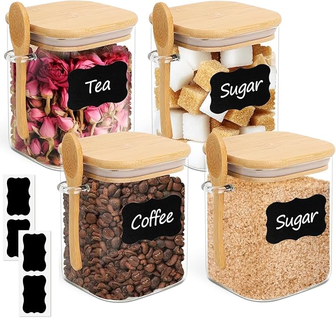 ComSaf 0.8 Qt Glass Jars with Bamboo Lids & Spoons Set of 4, Square Glass by ComSaf