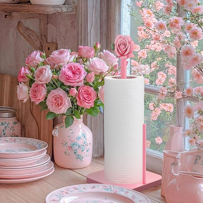 Leinuosen Pink Rose Paper Towel Holder Coquettish Cute Rose Wooden Paper Towel - Image 6