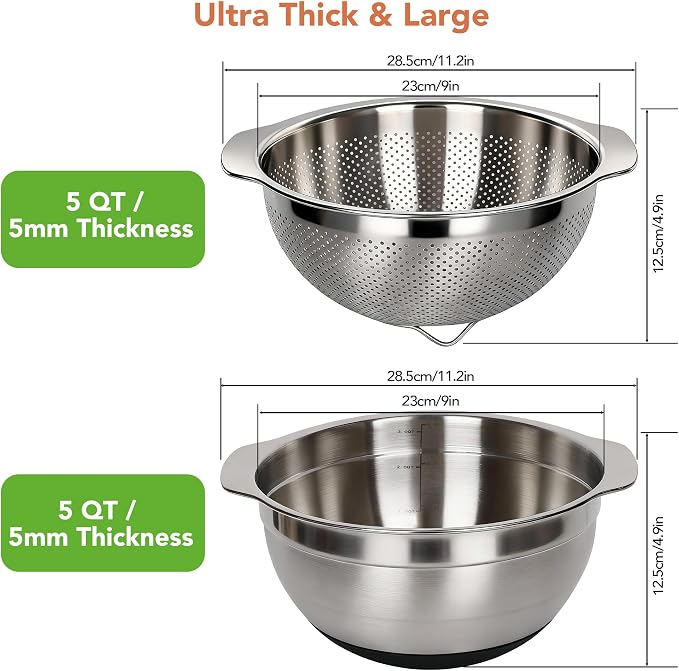 304 Stainless Steel Colander, 5 QT Large Capacity and 5QT Mixing Bowl, 2mm - Image 7