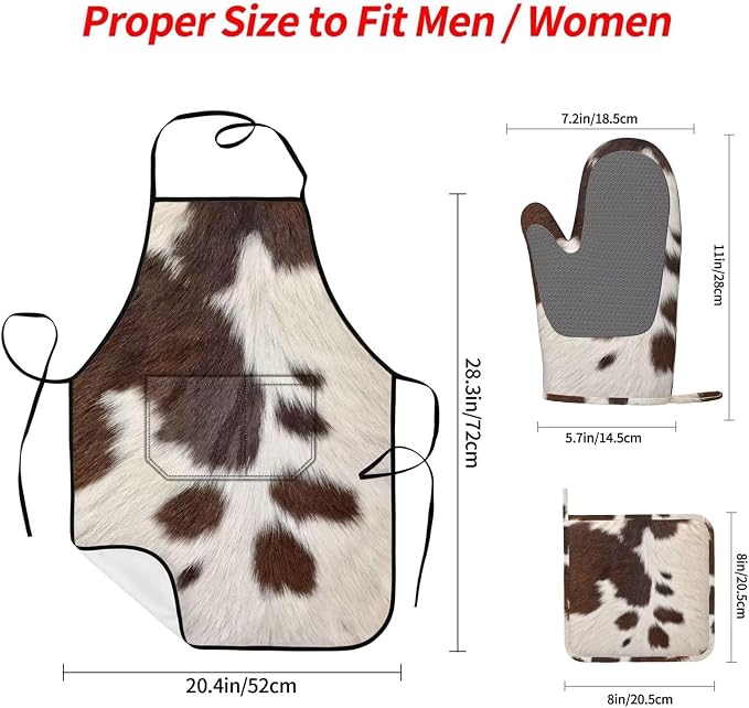 Cow Print Oven Mitts Pot Holders Cooking Apron Set of 5 Silicone Brown Cowhide - Image 2