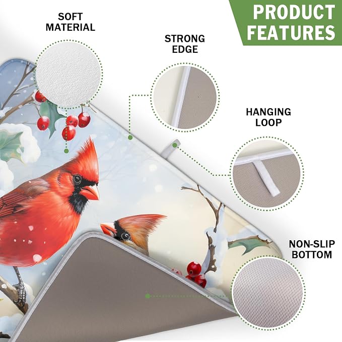Winter Cardinal Birds Dish Drying Mat, Holly Berry Branches Dish Drying Mat - Image 3