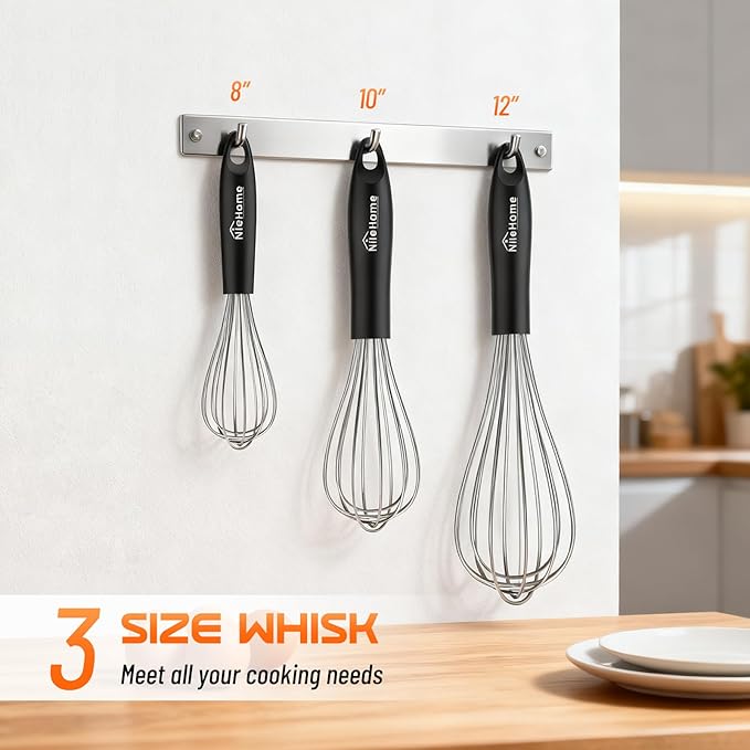 NileHome Silicone Whisk Set 8" 10" 12", 3 Pack Kitchen Whisk Kitchen Wisk Wire - Image 2