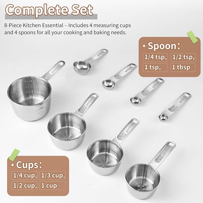 Measuring Cups and Spoons Set, Stainless Steel Measuring，4 Spoons, 4 Cups - Image 2