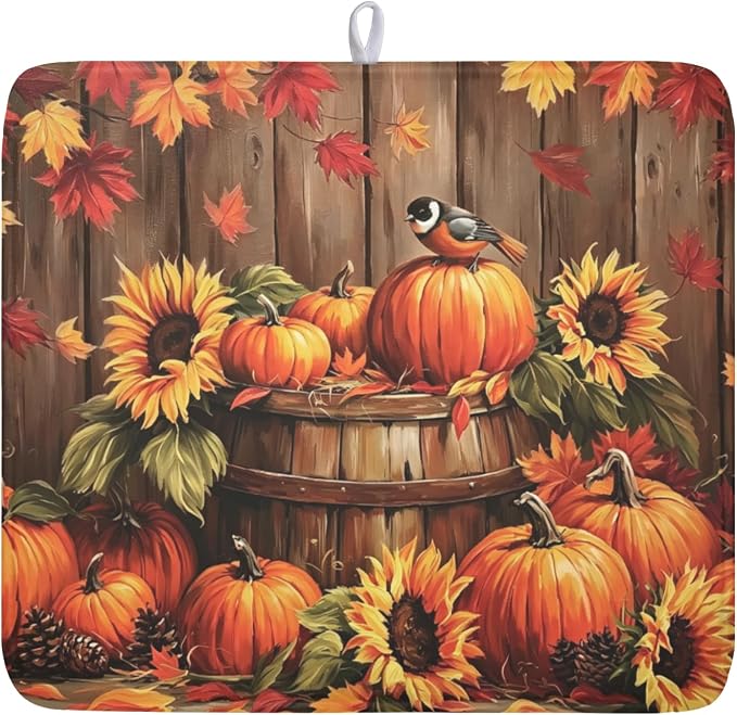Fall Pumpkin Dish Drying Mat for Kitchen Counter Thanksgiving Autumn Harvest by Unknown