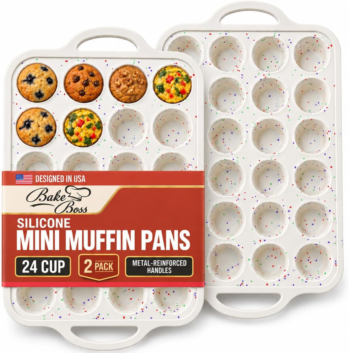 Silicone Mini Muffin Pan, 24 Cup 2 Pack with Metal Reinforced Frame