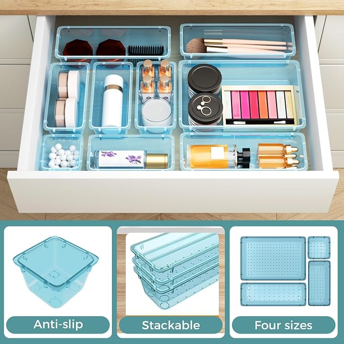 WOWBOX 44 PCS Clear Plastic Drawer Organizer Set, 6 Varied Size storage Bins - Image 4