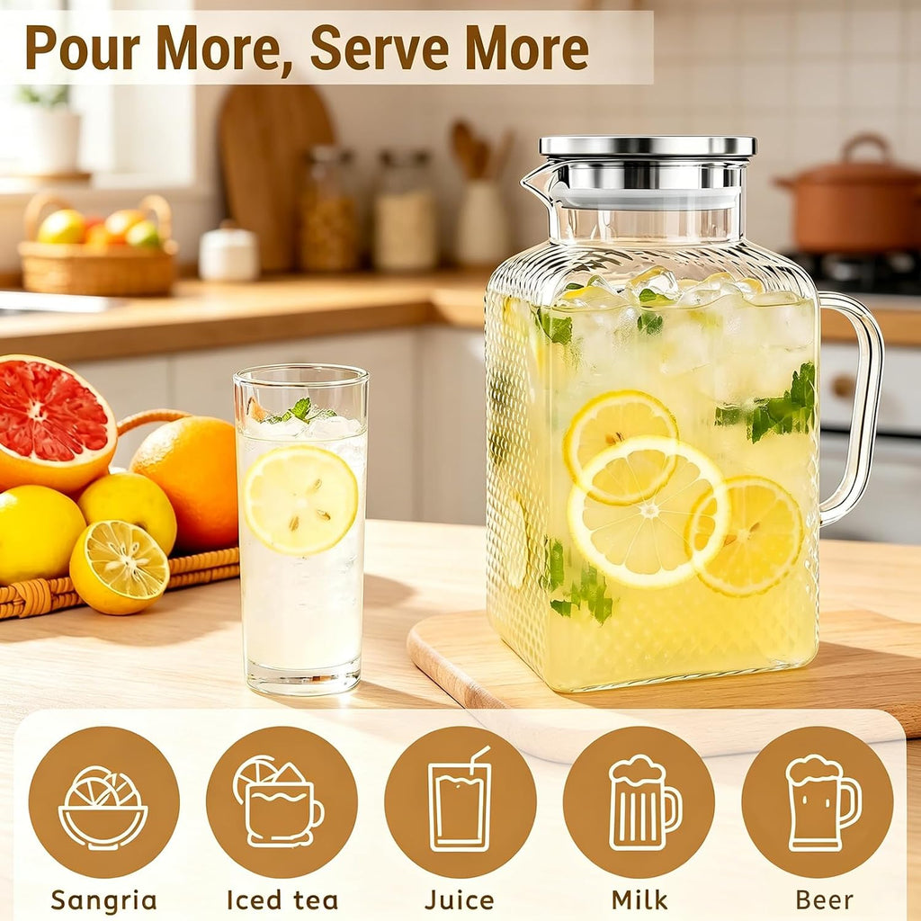 Glass Pitcher with Lid, 1 Gallon Glass Water Pitcher with Handle for