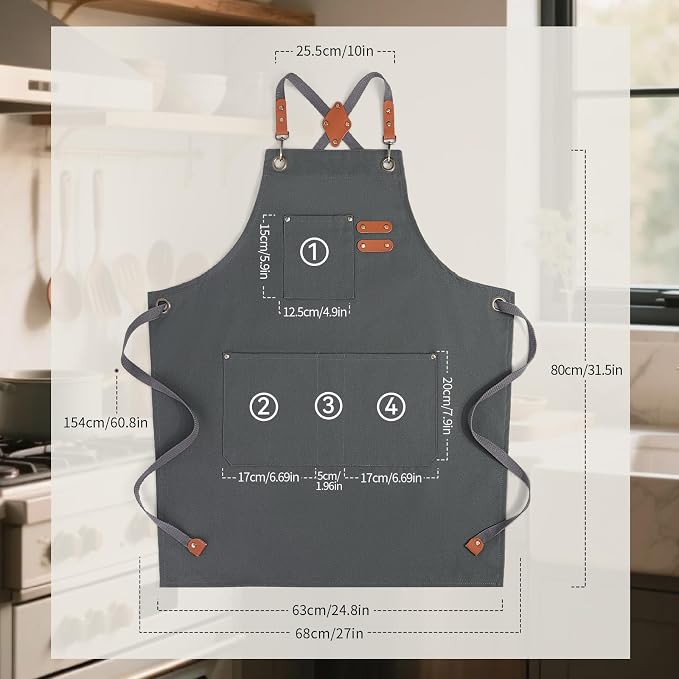Chef Aprons for Men Women with Large Pockets, Cotton Canvas Water Repellent - Image 2