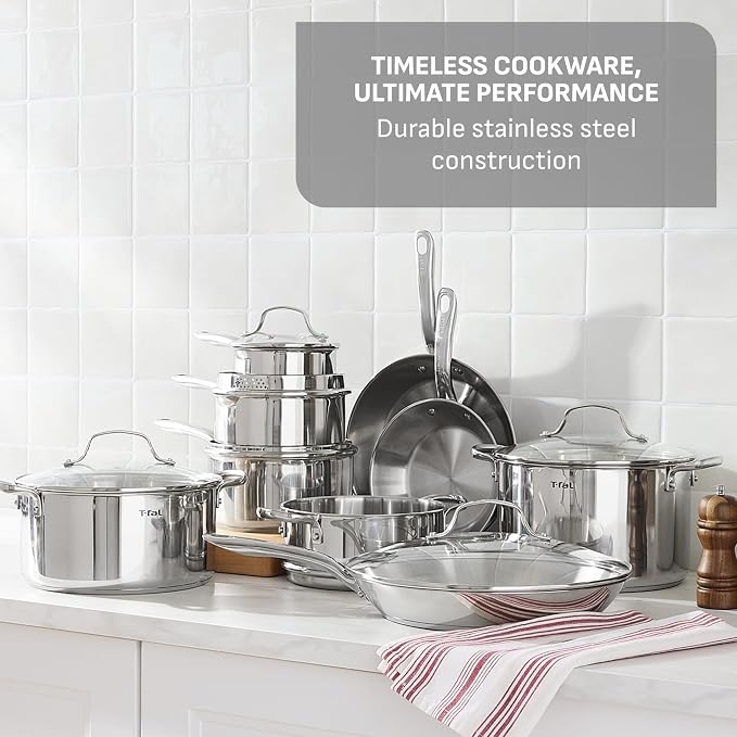 T-fal Gourmet 15-Piece Stainless Steel Cookware Set, Pots and Pans Cooking Set - Image 3