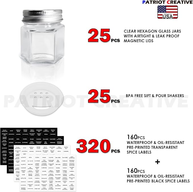 PATRIOT Set of 25 Hexagon Glass Spice Jars - Image 2