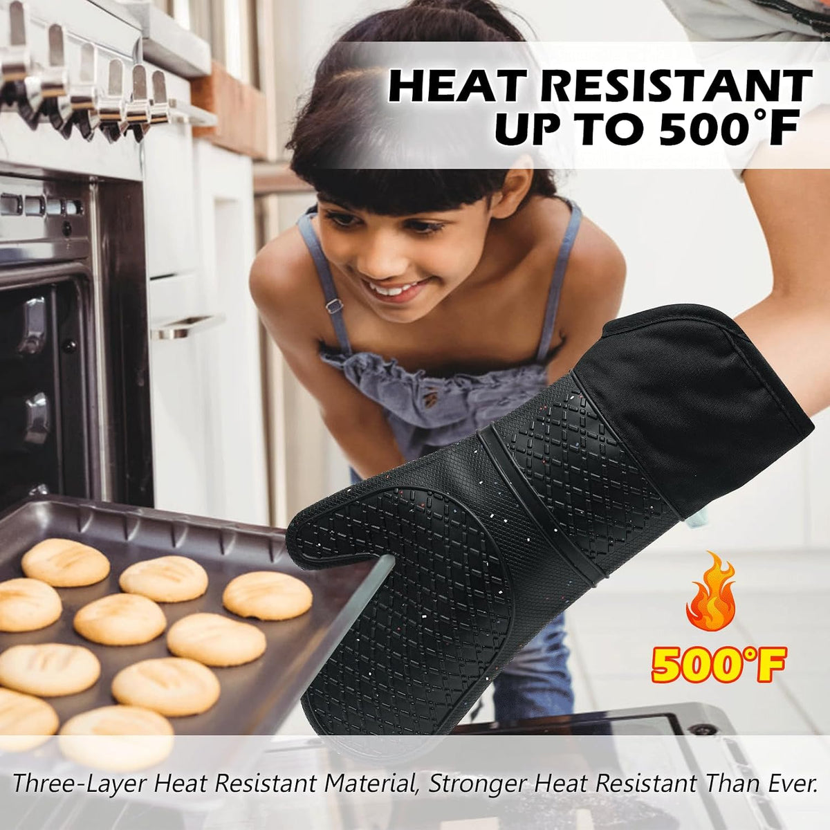 Extra Long Silicone Oven Mitts - Heat Resistant up to 500°F, 15''
