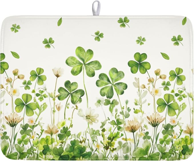 St Patrick's Day Dish Drying Mat 18 x 24 Inch Green Clover Dish Drainer Rack by Unknown