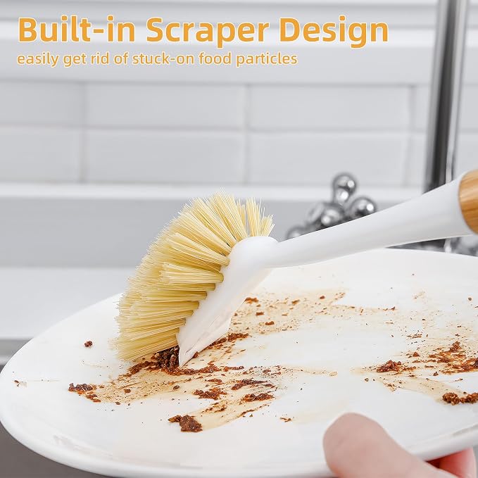 SUBEKYU Dish Brush with Bamboo Handle, Kitchen Dish Scrubber Built-in Scraper - Image 3