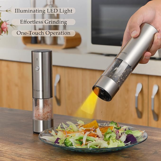 Electric Salt and Pepper Grinder Set, USB Rechargeable, Stainless Steel - Image 2