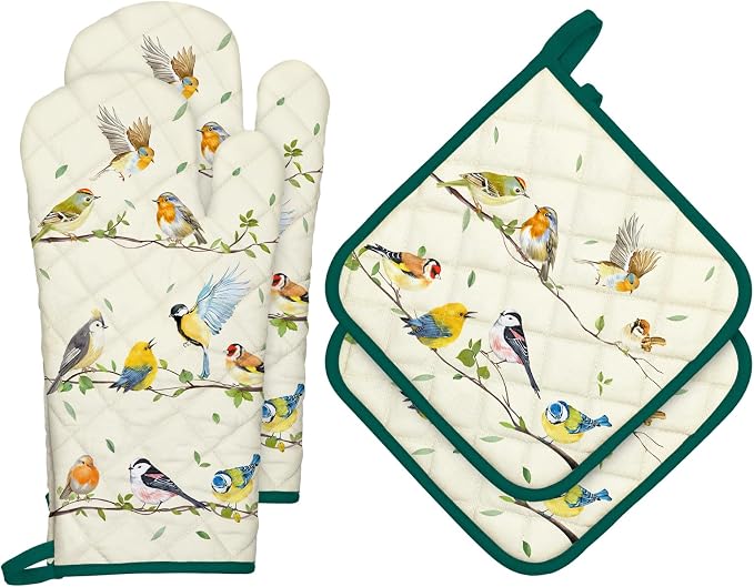 Bird Branch Oven Mitts and Pot Holders Sets 4Pcs, 100% Cotton Heat Resistant by Arquiel