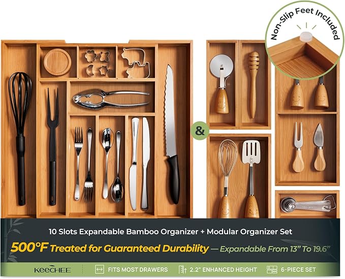 keechee 6-Piece Bamboo Drawer Organizer Set, 2.2" Deep Multi-Use Organizers by Keechee