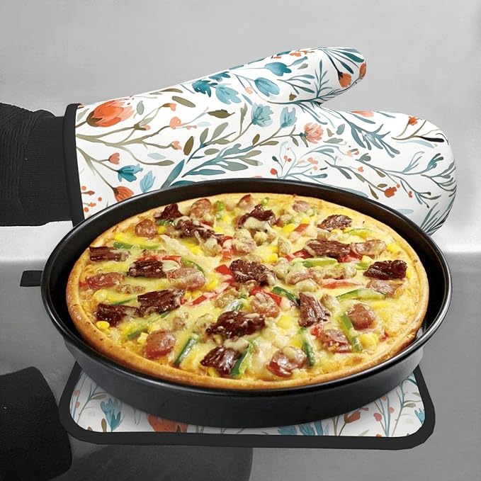Teal Orange Watercolor Floral Oven Mitts and Pot Holders Sets of 3, Heat - Image 4