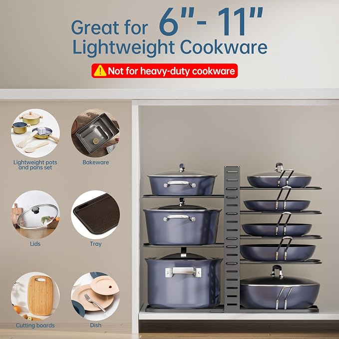 ORDORA Pots and Pans Organizer under Cabinet 14.55 Height, Adjustable 8-Tier - Image 8