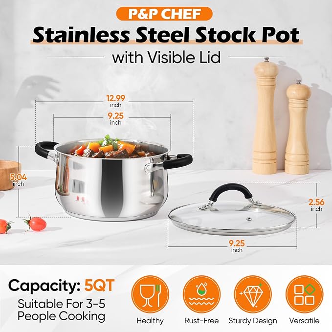 P&P CHEF Stainless Steel Stock Pot, 5 Qt Cooking Soup Pot - Image 2