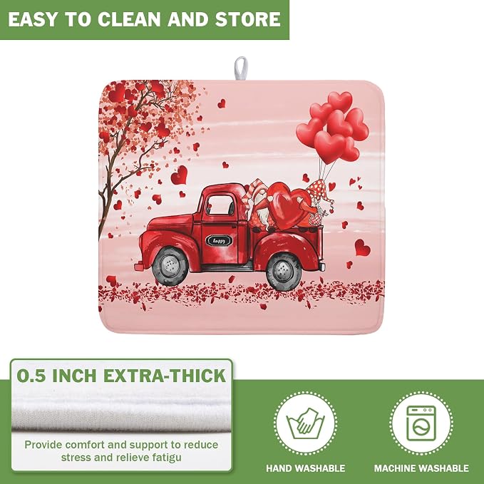 Valentine's Love Truck Dish Drying Mat, Valentine Red Gnomes Dish Drying Mat - Image 5