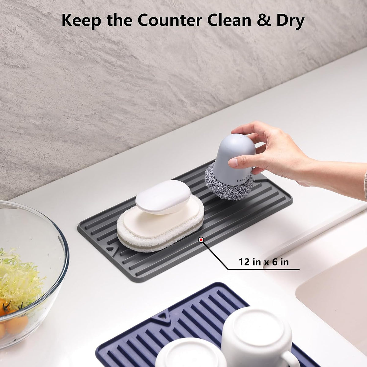 Mini Silicone Dish Drying Mat, 6" x 12", Grey