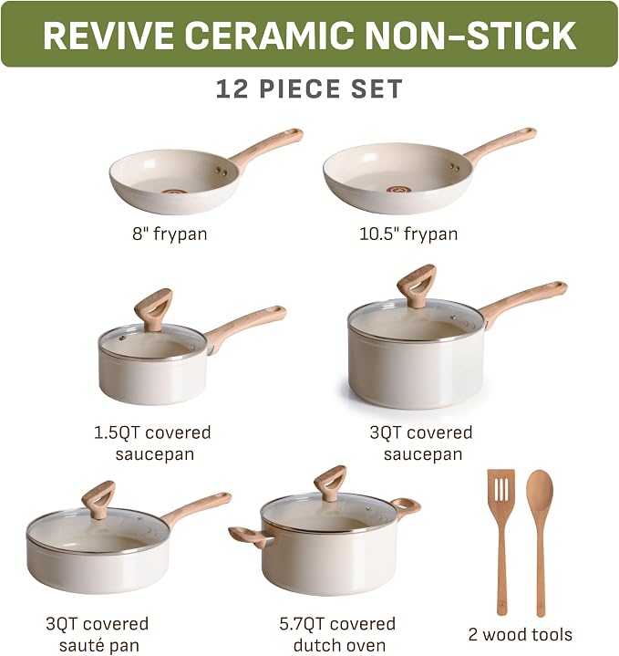 T-Fal Revive Ceramic Nonstick Cookware Set, Oven Safe Up to 350ºF, Includes - Image 2