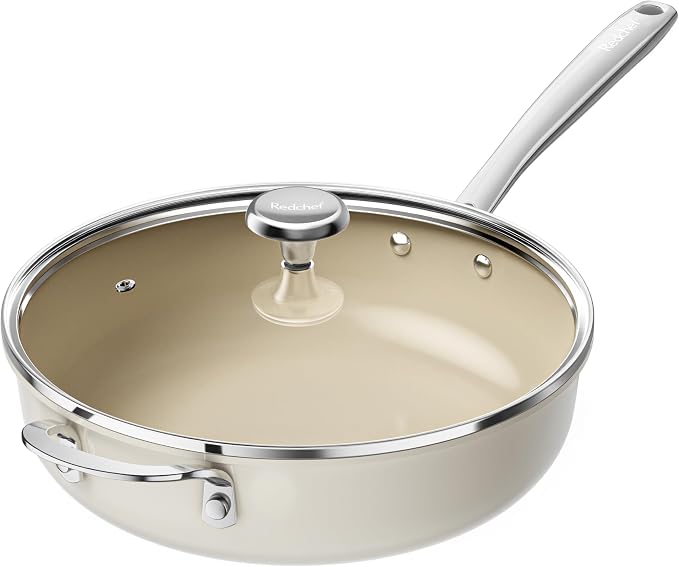 Redchef Ceramic Saute Pan with Lid, Nonstick Deep Frying Pan, 5QT Jumbo Cooker by Redchef