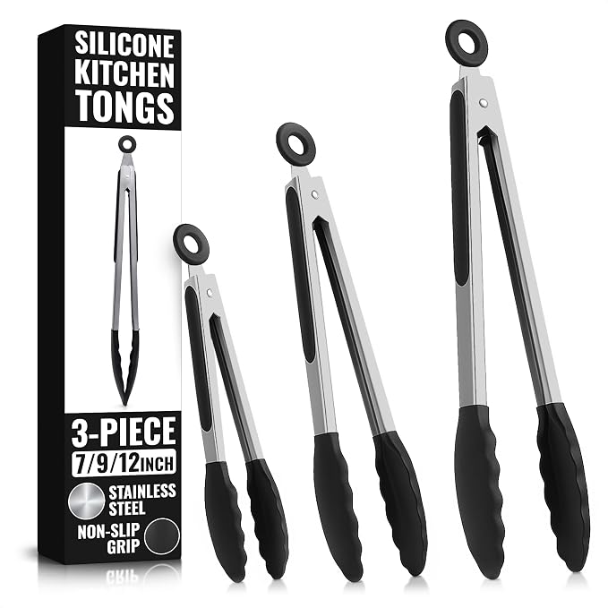 Kitchen Tongs Set of 3-7/9/12" Silicone Tipped Tongs by Lagarto
