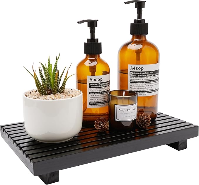 Renawe Black Bathroom Counter Tray Organizer Wood Riser Stand Kitchen by Renawe