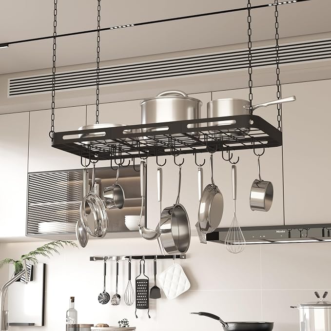 33” Pots and Pans Hanging Rack, Heavy-duty Metal Square Kitchen Ceiling Pot Rack - Image 7