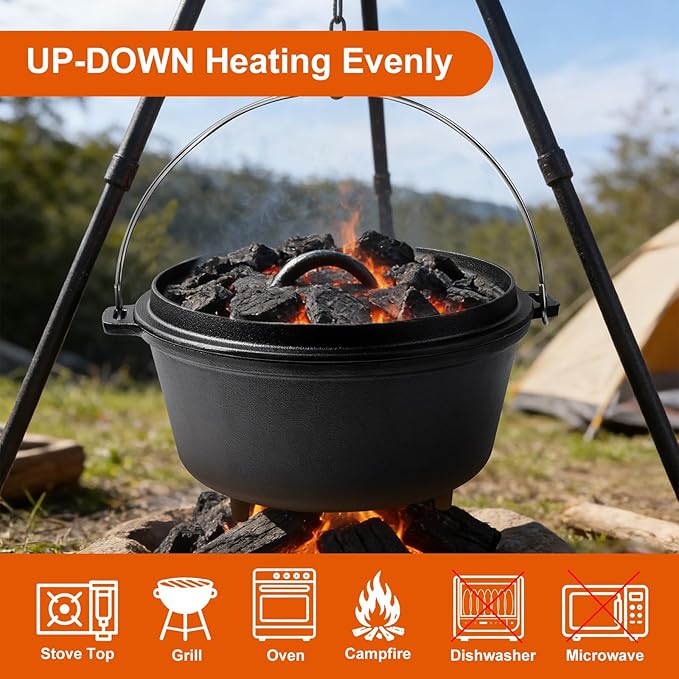 10 QT Pre-Seasoned Cast Iron Camp Dutch Oven - Image 5